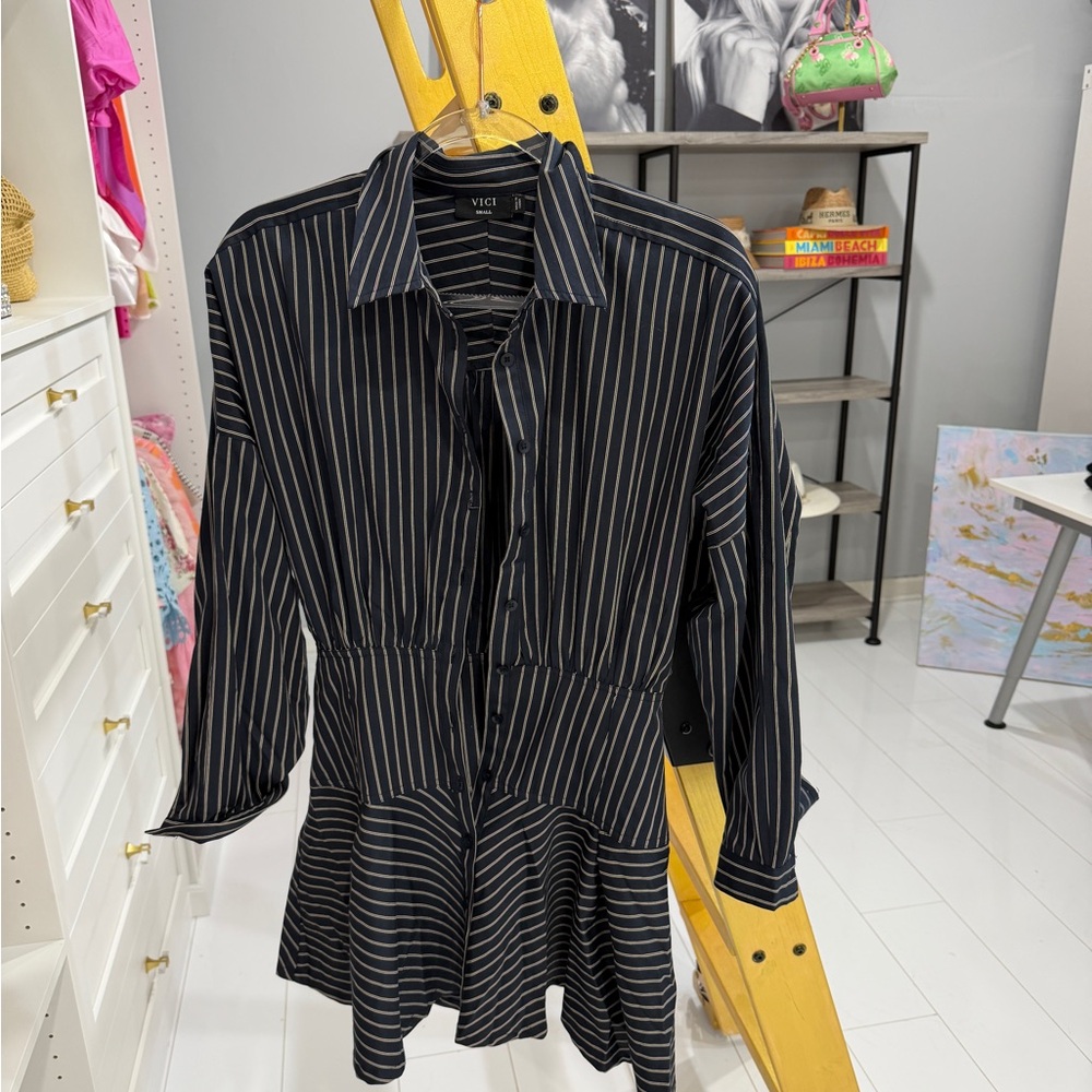 Vici Black Pinstripe Mini Shirt Dress